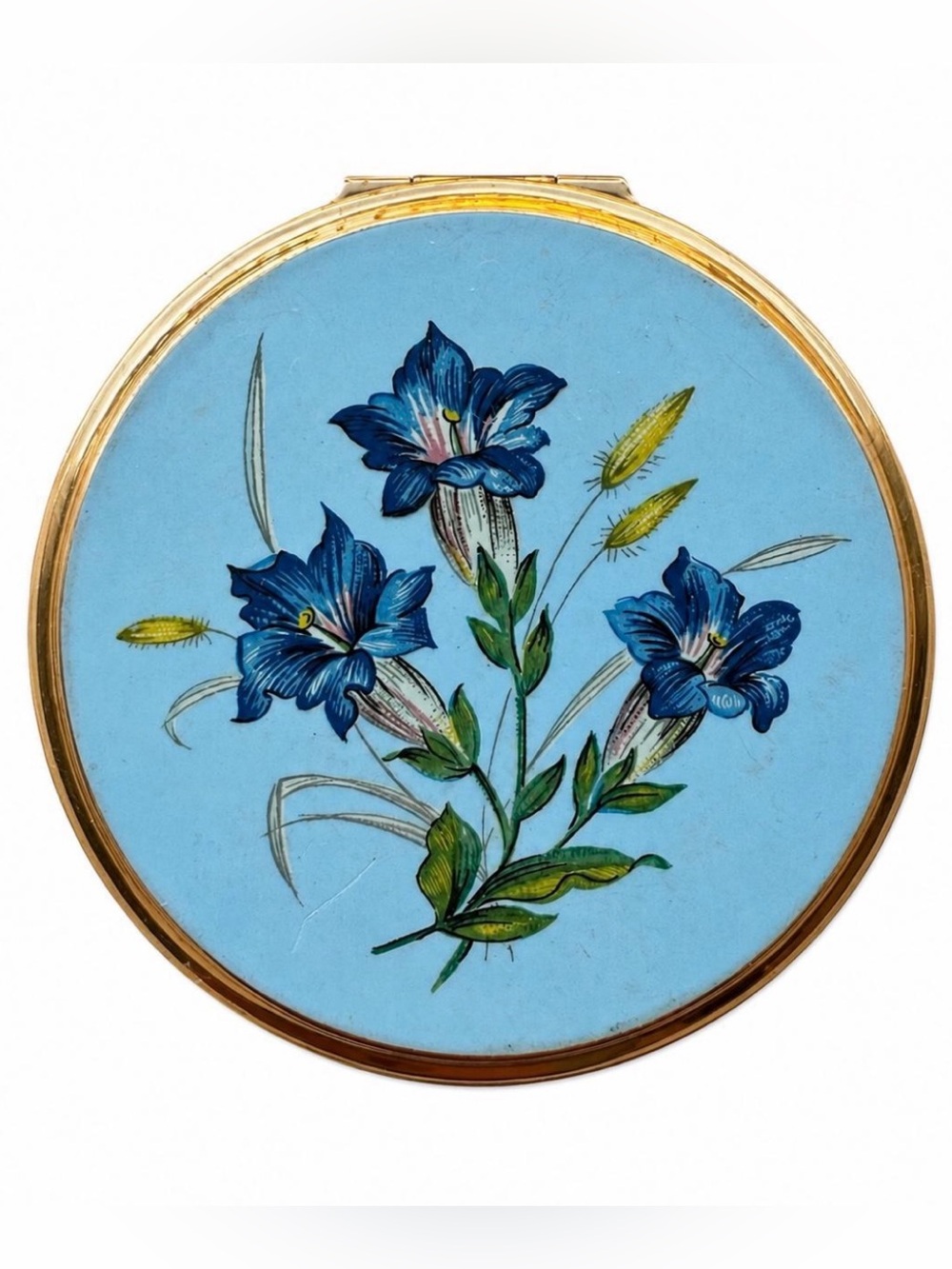 Vintage Stratton England Blue Floral Enamel Convertible Powder Compact Mirror